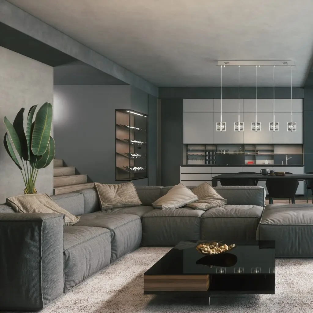 Modern living room with kitchen. 3d illustration